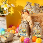 Personalized Cute Bunny Excavator Design Reusable Drawstring Burlap Treat Bag with Name Easter Party Gift for Kids