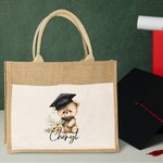 Personalised Cartoon Graduation Hat Bear Floral Jute Tote Bag with Name and Front Pocket Birthday Graduation Gift for Graduates