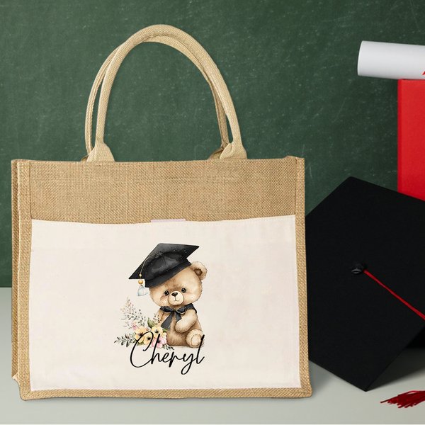 Personalised Cartoon Graduation Hat Bear Floral Jute Tote Bag with Name and Front Pocket Birthday Graduation Gift for Graduates