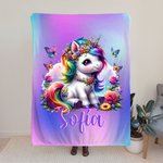 Manta personalizada con arcoíris mariposas flores y un unicornio con nombre regalo de cumpleaños y Día del Niño para amantes de los unicornios
