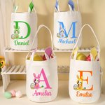 Personalized Cartoon Easter Bunny Character Bucket Bag Basket with Initial and Name Easter Egg Hunt Supplies Party Pavors Gift for Boys Girls