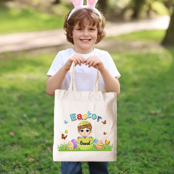 Personalized Colorful Broken Eggshell Cartoon Character Butterfly Canvas Tote Bag with Name Easter Party Favors Egg Hunting Gift for Kids