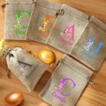 Personalized Cartoon Easter Bunny Character Reusable Drawstring Burlap Treat Bag with Initial and Name Easter Party Gift for Kids
