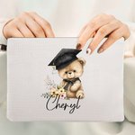 Personalized Cartoon Graduation Hat Bear Floral Cosmetic Bag with Name Birthday Graduation Gift for Graduates