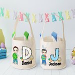 Personalized Easter Egg Cartoon Character Bunny Ears Egg Hunt Basket with Initial and Name Birthday Party Favors Gift for Kids