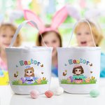 Personalised Colourful Broken Eggshell Cartoon Character Butterfly Canvas Bucket Bag with Name Easter Egg Hunting Party Favors Gift for Boys Girls