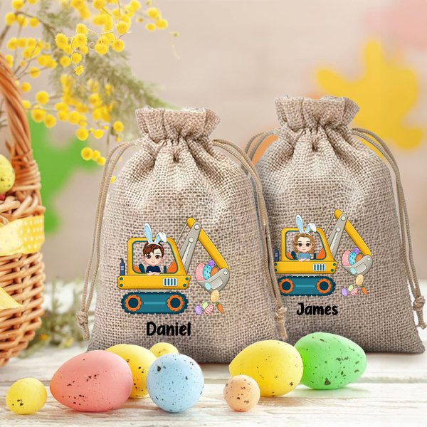 Personalized Bunny Cartoon Character Excavator Easter Eggs Reusable Drawstring Burlap Treat Bag with Name Easter Party Gift for Kids