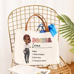 Personalized Cartoon Medical Character 3 Nouns Canvas Tote Bag with Name and Leather Handle Birthday Gratitude Gift for Nurse Doctor Medical Staff