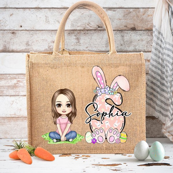 Personalisiertes Tote Bag Jute-Tasche Cartoon-Charakter Osterei Grasland mit Initialen Namen Party Gunst Ostereiersuche Geschenk für Jungen Mädchen