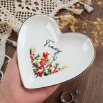 Personalized Birth Flower Heart Shape Ceramic Trinket Jewelry Dish with Name Birthday Wedding Home Decor Gift for Women Bridesmaids