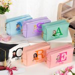 Personalized Multicolor Cartoon Graduate Initial PU Leather Makeup Bag with Name Portable Graduation Travel Essentials Gift for Women