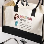 Gepersonaliseerde Cartoon Medische Karakter Canvas Waterdichte Voering Tote Bag met Naam en Naamwoord Medische Dag Verjaardag Waardering Gift voor Verpleegkundige Arts
