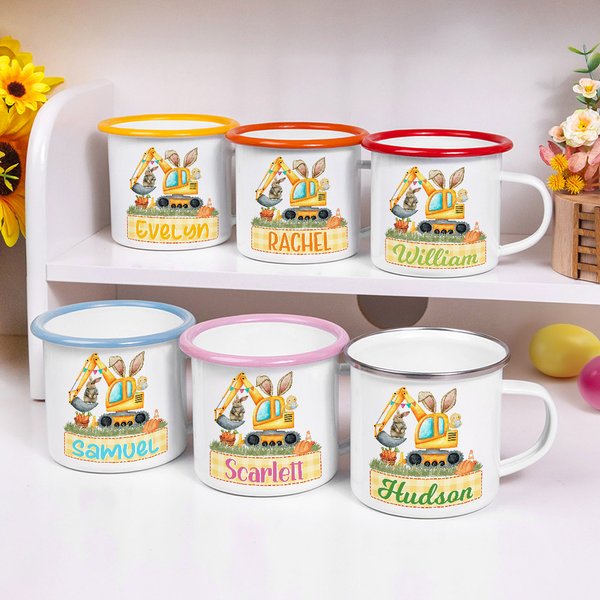 Personalised Cute Bunny Excavator Design 12oz Enamel Mug with Name Easter Party Birthday Gift for Kids