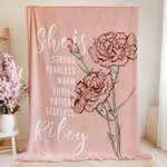 Personalized She is Strong Fearless Birth Flower Soft Throw Blanket with Name Multicolor Birthday Mother's Day Anniversary Gift for Mom Grandma