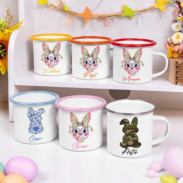 Taza esmaltada de 12oz con nombre y borde colorido personalizada del conejito de Pascua del arco de Coquette Regalo del favor del partido de Pascua para la familia de los cabritos