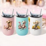 Personalized Birth Flower Western Cowgirl Boots Hat Design 10oz Wine Tumbler with Name Birthday Wedding Party Favor Gift for Women