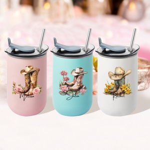 Personalised Birth Flower Western Cowgirl Boots Hat Design 10oz Wine Tumbler with Name Birthday Wedding Party Favor Gift for Women