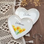Personalized Birth Flower Heart Shape Ceramic Trinket Jewelry Dish with Name Birthday Wedding Home Decor Gift for Women Bridesmaids