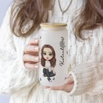 Personalized Chaos Coordinator Cartoon Character Birth Flower Name 20oz Frosted Glass Cup with Lid and Straw Birthday Gift for Women
