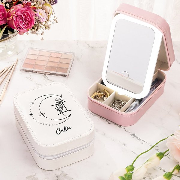 Personalised Zodiac Birth Flower Leather Name Jewellery Box with Adjustable LED Makeup Mirror Travel Essentials Birthday Gift for Women Girls