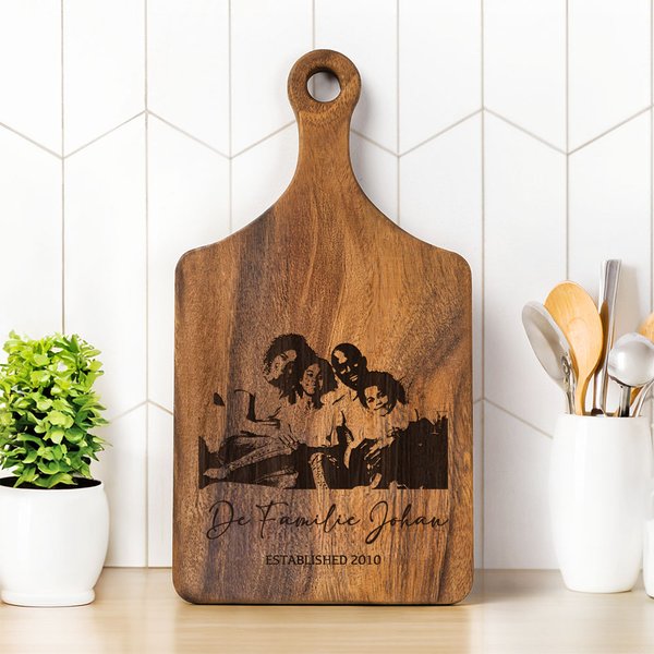 Gepersonaliseerd Gegraveerd Foto Tekst Datum Houten Bamboe Omkeerbare Kaas Charcuterie Snijplank met Handvat Huiswarming Jubileum Cadeau voor Familie