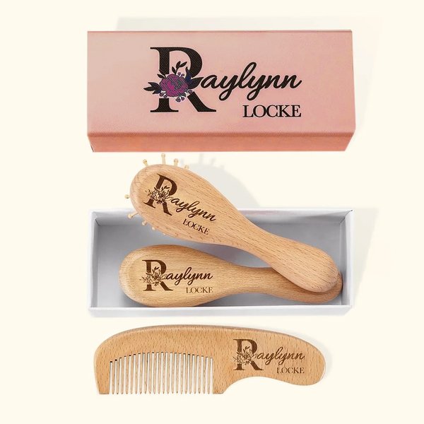 Set personalizado de cepillo y peine de madera para bebé con pinza para chupete y manta Regalo de Baby Shower para recién nacido