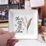 Personalized She Is Strong Birth Flower Square Ceramic Trinket Jewellery Dish with Name Birthday Affirmation Gift for Women
