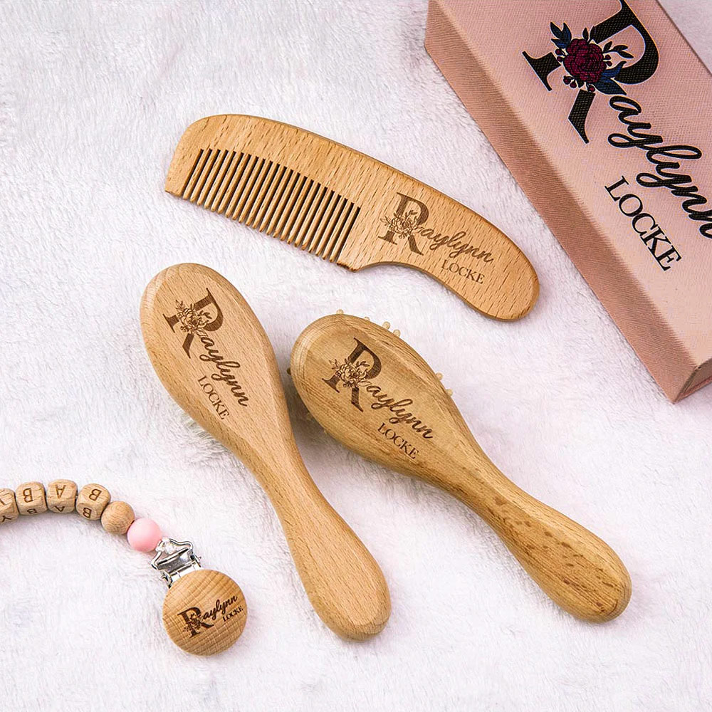 Baby Shower Gift, Personalized New Born Baby Gift Set with Custom Name, Baby Girl First Birthday, Baby Hair Brush Comb, Baby Dummy Clip