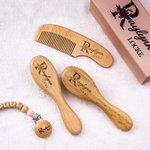 Set personalizado de cepillo y peine de madera para bebé con pinza para chupete y manta Regalo de Baby Shower para recién nacido