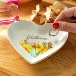 Personalized Birth Flower Heart Shape Ceramic Trinket Jewelry Dish with Name Birthday Wedding Home Decor Gift for Women Bridesmaids