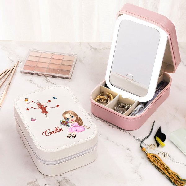 Personalisierte Cartoon Sternzeichen Geburt Blume Name Leder Schmuckkästchen mit LED Drei-Farben-einstellbare Make-up-Spiegel Graduierung Geburtstag Geschenk für Frauen