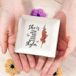 Personalized She Is Strong Birth Flower Square Ceramic Trinket Jewellery Dish with Name Birthday Affirmation Gift for Women