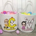 Gepersonaliseerde schattige cartoonfiguur Bunny Chick initiële emmer tas met naam paaseieren jacht mand verjaardagsfeestje Gunsten Gift voor kinderen