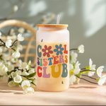 Gepersonaliseerde Cool Sisters Club Cartoon karakter geboorte bloem 20oz Frosted glazen beker met naam en rietje Verjaardagscadeau voor vrouwen meisjes