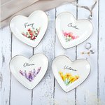 Personalized Birth Flower Heart Shape Ceramic Trinket Jewelry Dish with Name Birthday Wedding Home Decor Gift for Women Bridesmaids