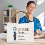 Personalized Cartoon Medical Character 3 Nouns Canvas Tote Bag with Name and Leather Handle Birthday Gratitude Gift for Nurse Doctor Medical Staff
