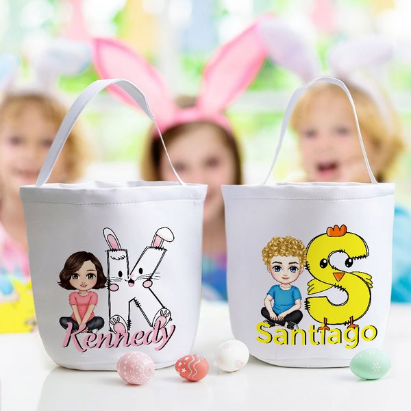 Personalizado lindo personaje de dibujos animados conejito pollito inicial cubo bolsa con nombre de Pascua cesta de la caza del huevo de cumpleaños Fiesta de Regalos para Niños