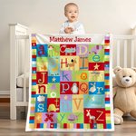 Personalized Cartoon Animal Alphabet Color Block Stitching Soft Throw Blanket with Name Home Decor Birthday Baby Shower Gift for Kids Baby