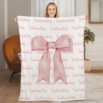 Personalized Girly Pink Coquette Bow Soft Throw Blanket with Repeating Names Trendy Home Decor Birthday Gift for Women Girls