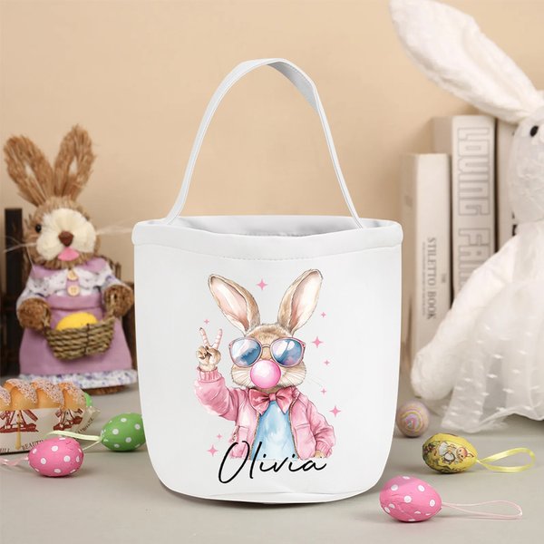 Gafas de sol personalizadas Conejito de Pascua Burbuja de soplado Cesta de lona reutilizable con el nombre de la caza del huevo Fiesta Favor Cumpleaños Regalo para Niños Niñas