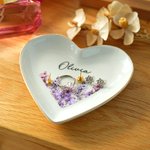 Personalized Birth Flower Heart Shape Ceramic Trinket Jewelry Dish with Name Birthday Wedding Home Decor Gift for Women Bridesmaids