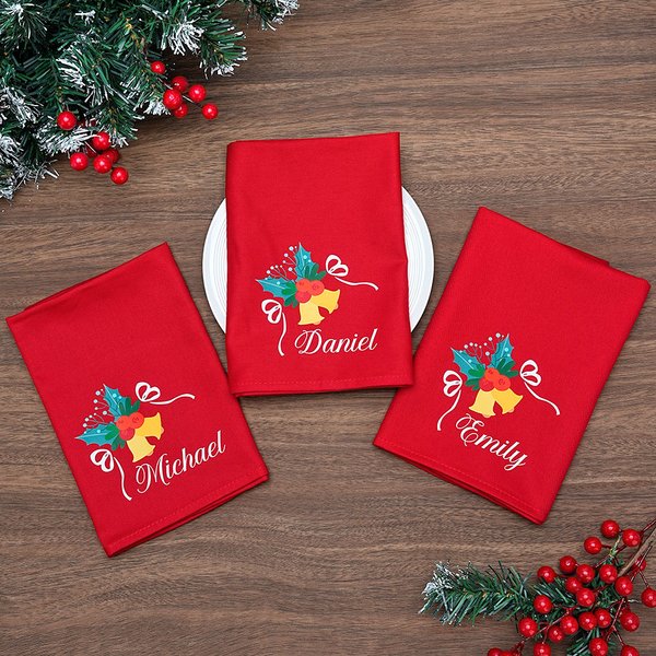 Personalisierte Weihnachtsglocke Holly 100% Baumwolle wiederverwendbare quadratische Serviette mit Namen Tischdekoration Weihnachten Housewarming Geschenk für Familie