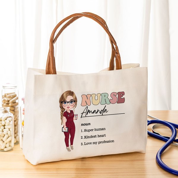 Gepersonaliseerd Cartoon Medisch Karakter 3 zelfstandige naamwoorden Canvas Tote Bag met Naam en Leren Handvat Verjaardag Dankbaarheidsgeschenk voor Verpleegkundige Arts Medisch Personeel