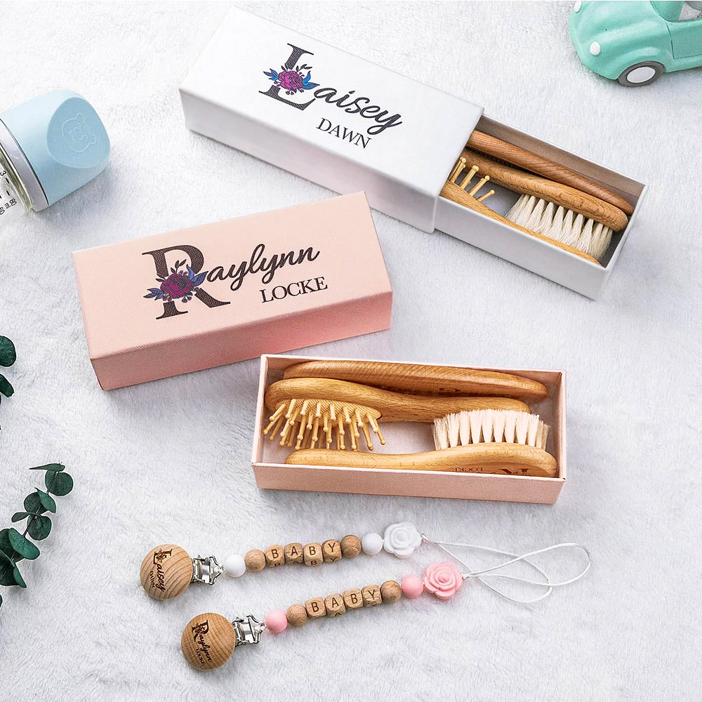 Baby Shower Gift, Personalized New Born Baby Gift Set with Custom Name, Baby Girl First Birthday, Baby Hair Brush Comb, Baby Dummy Clip