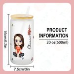 Personalized Chaos Coordinator Cartoon Character Birth Flower Name 20oz Frosted Glass Cup with Lid and Straw Birthday Gift for Women