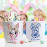 Cesta de Pascua de Lona Personalizada con Conejito y Nombre Huevos de Pascua Fiesta de Caza Regalo para Niños Niñas