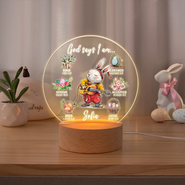 Conejito Personalizado Carrera Dios Dice Yo Soy Nombre LED Luz de Noche con Base de Madera Decoración de Guardería Cumpleaños Pascua Regalo para Niños