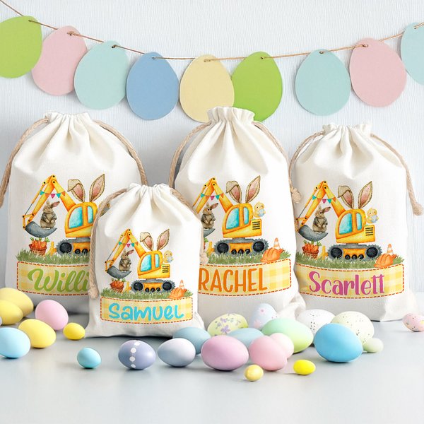 Personalized Cute Bunny Ears Excavator Design Drawstring Treat Bag with Multicolor Name Easter Birthday Party Gifts for Kids