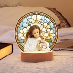 Fiore di nascita personalizzato in vetro colorato con foto e nome a LED Luce notturna con base in legno Decorazione per la casa Regalo di compleanno commemorativo per il proprietario del cane e dell'a