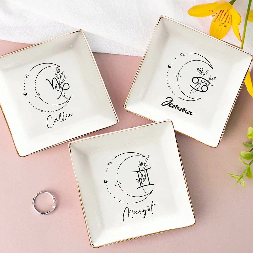 Constellation Zodiac Flower Sign Square Trinket Jewelry Dish avec Name Birthday Wedding Gift for Women